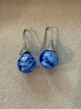 Blue Glass Drop Earrings - Silver Hooks